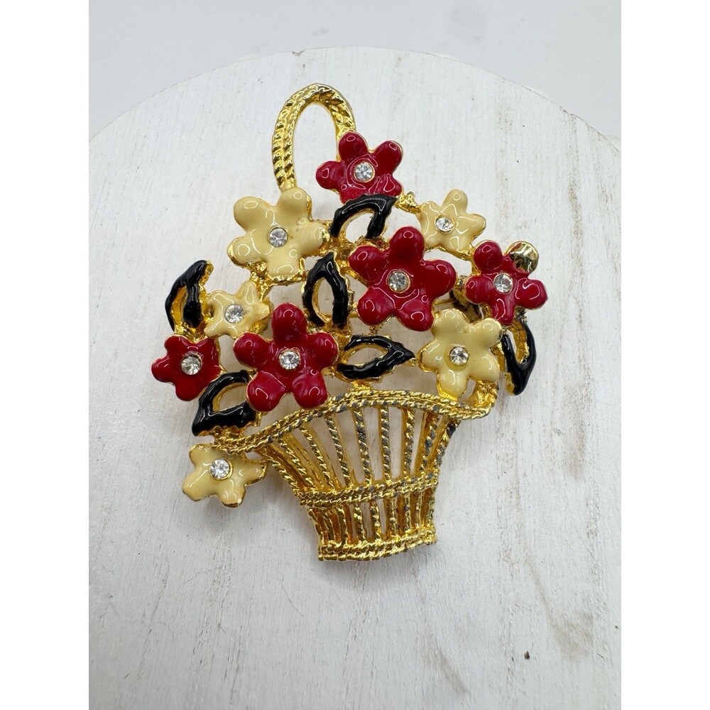 Vintage Enamel Basket Of Flowers Brooch Pin Rhinestone Spring Summer Red White